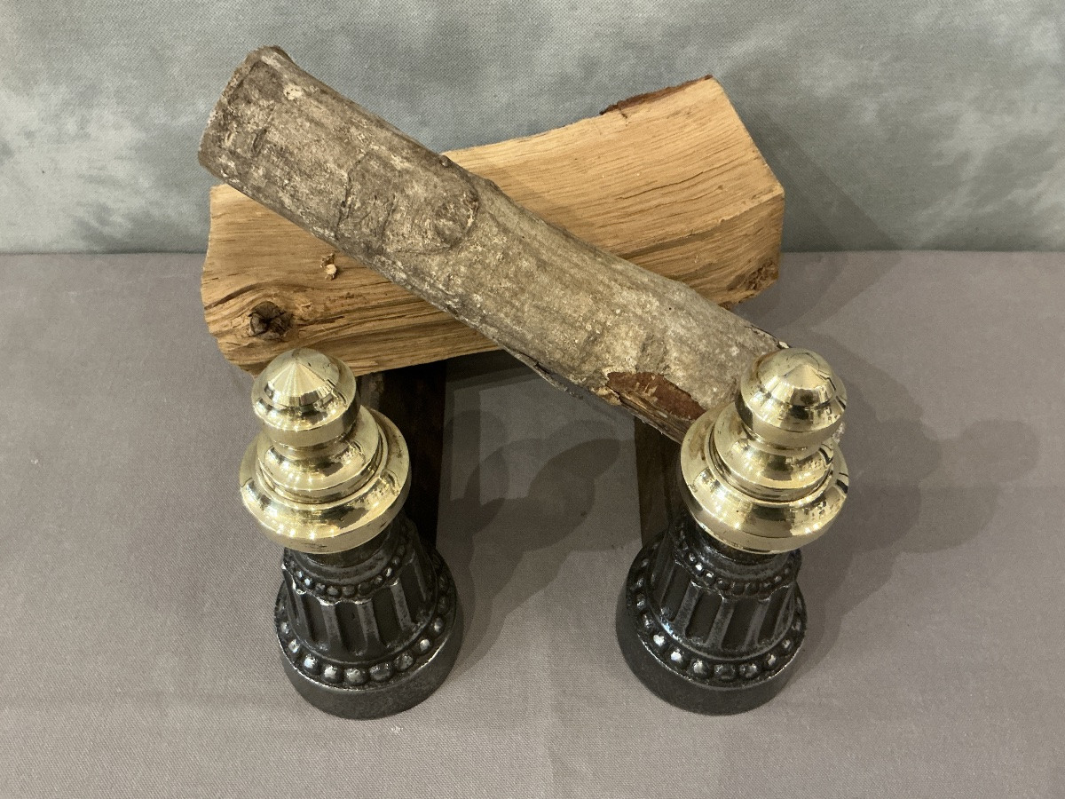 Pair Of Antique Cast Iron And Brass Andirons From The 19th Century -photo-4
