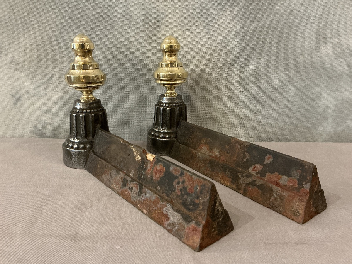 Pair Of Antique Cast Iron And Brass Andirons From The 19th Century -photo-1