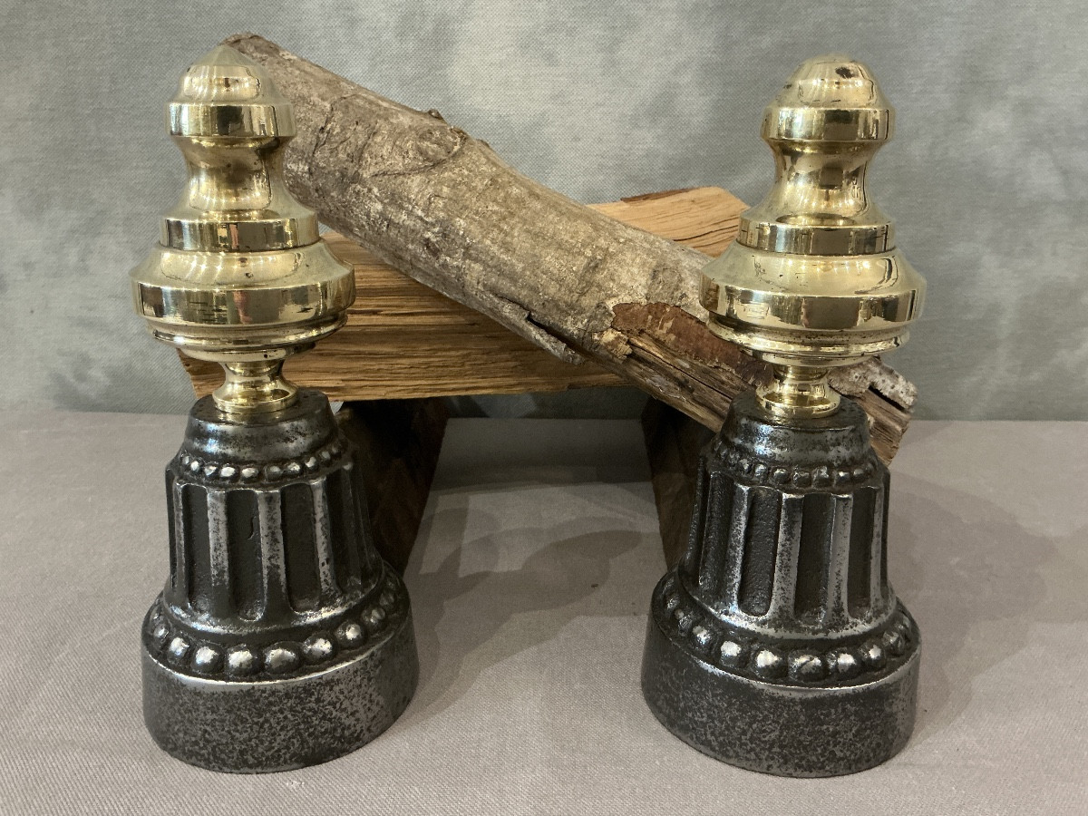 Pair Of Antique Cast Iron And Brass Andirons From The 19th Century 