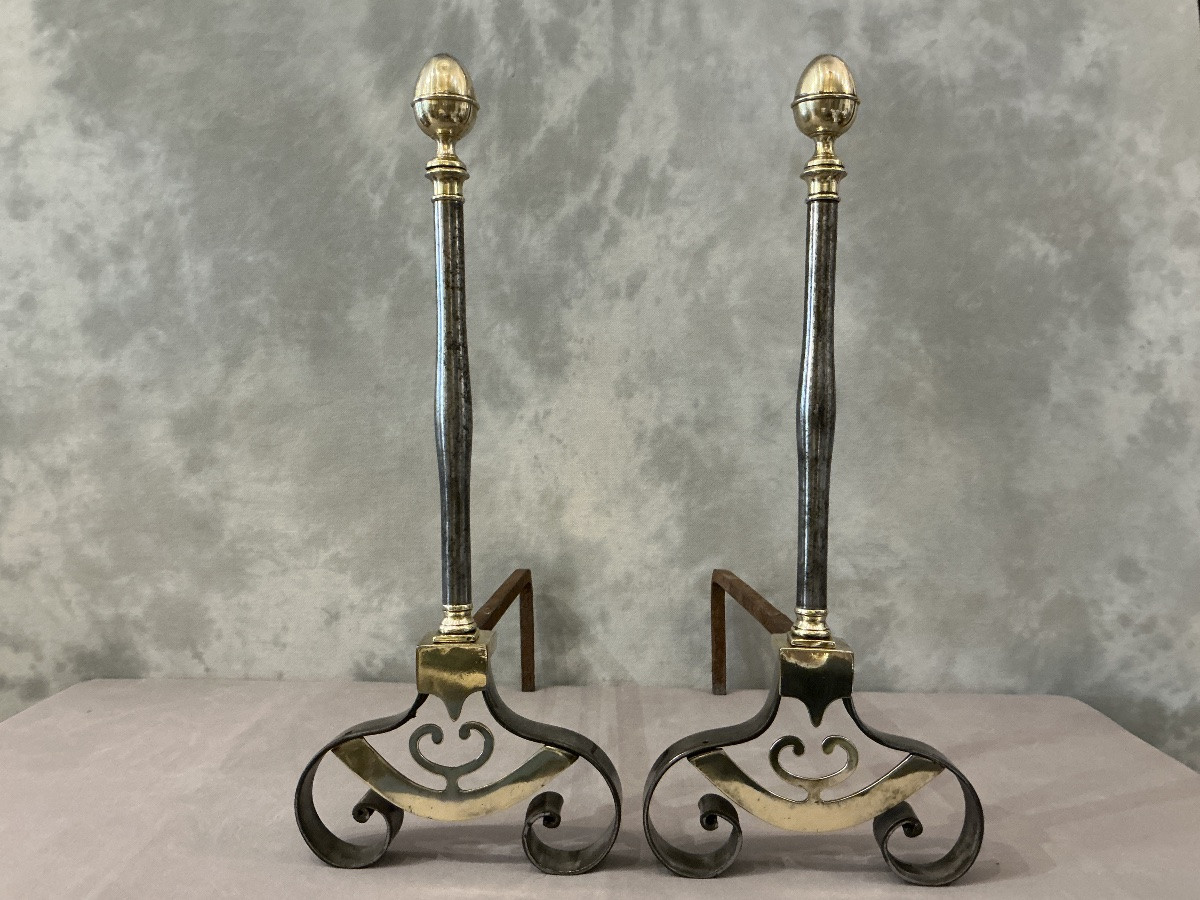 Paire de chenets anciens en fer et laiton d’époque 19 ème-photo-4