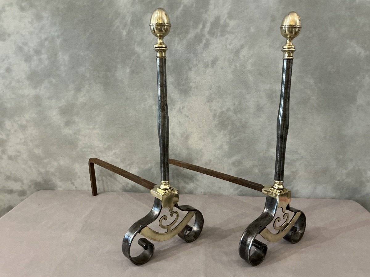 Paire de chenets anciens en fer et laiton d’époque 19 ème-photo-1