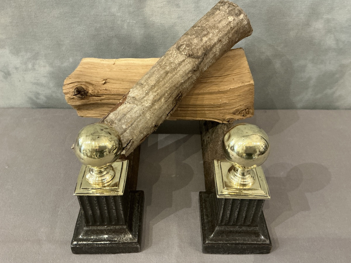 Paire de chenets anciens en fonte et laiton d’époque 19 ème -photo-2