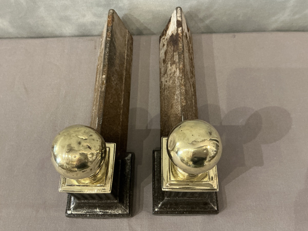 Paire de chenets anciens en fonte et laiton d’époque 19 ème -photo-4