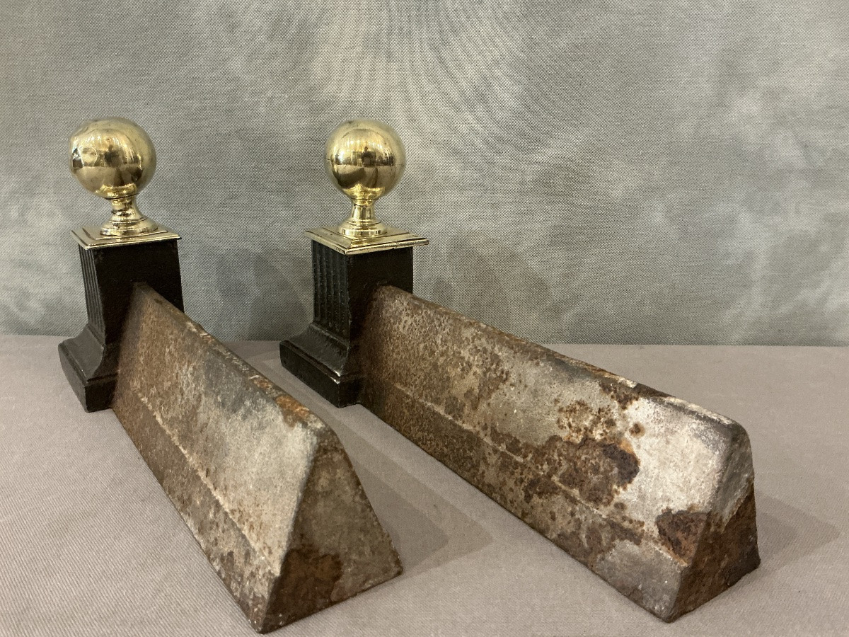 Paire de chenets anciens en fonte et laiton d’époque 19 ème -photo-2