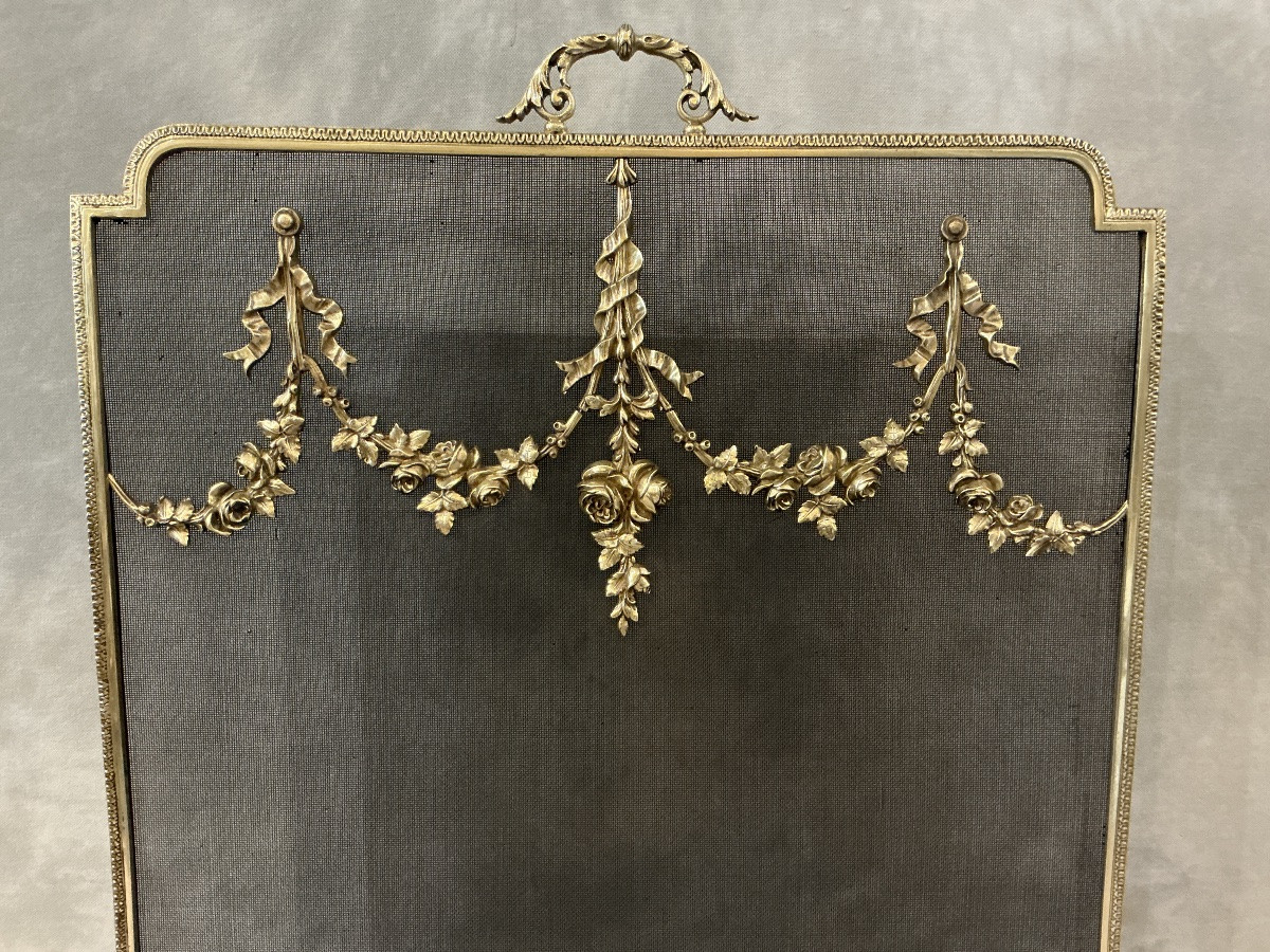 Pare feu  de cheminée, écran de feu en bronze d’époque 19 ème de style Louis XVI -photo-2