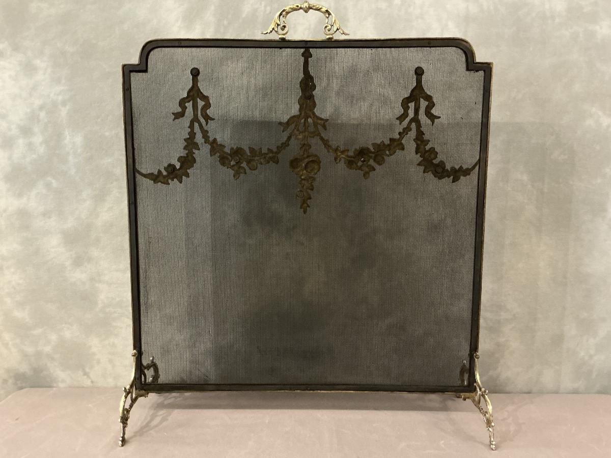 Pare feu  de cheminée, écran de feu en bronze d’époque 19 ème de style Louis XVI -photo-1