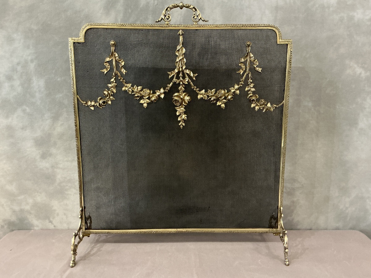Pare feu  de cheminée, écran de feu en bronze d’époque 19 ème de style Louis XVI 