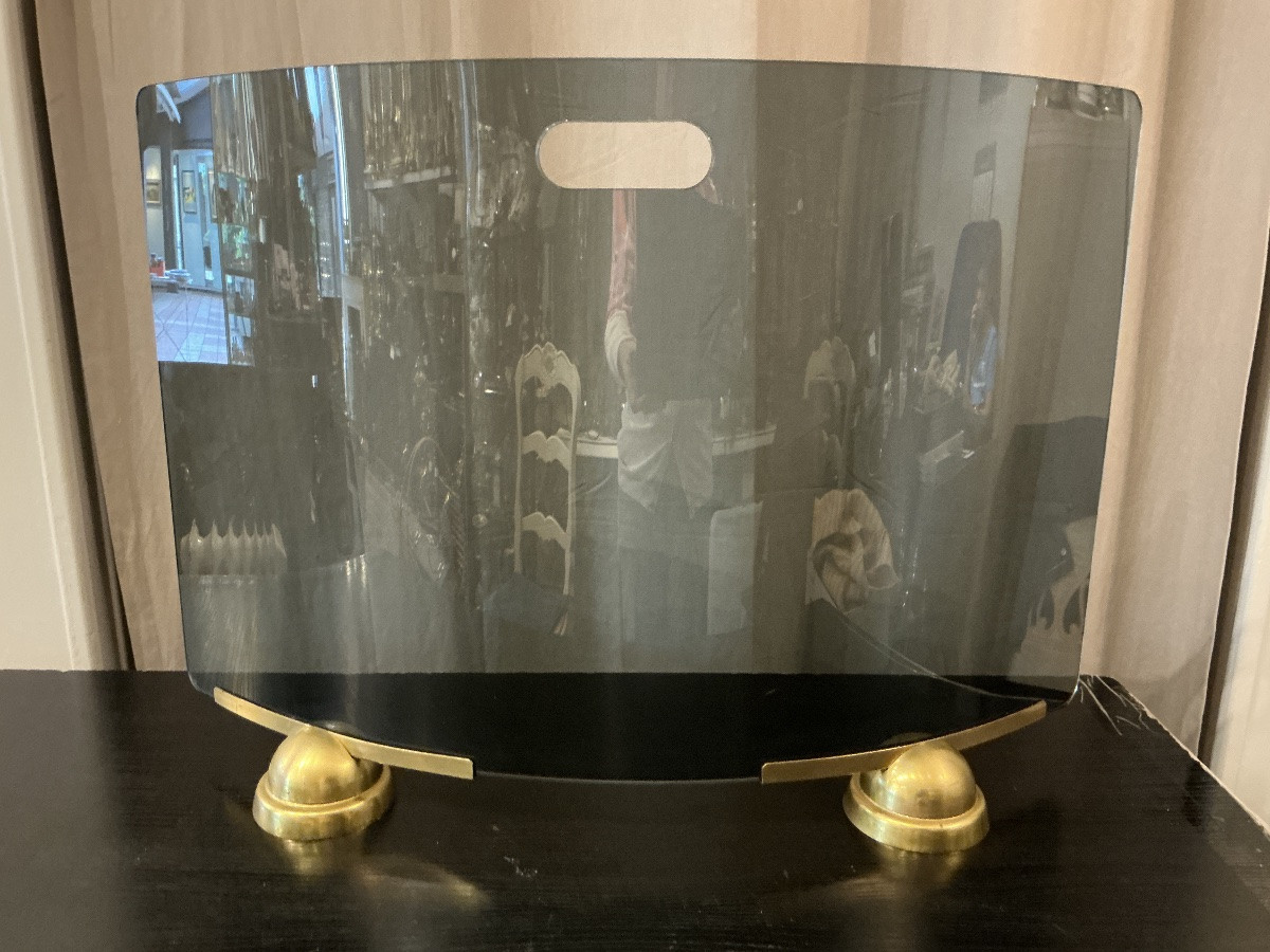 Modernist Curved And Smoked Glass Fire Screen Circa 1970-photo-1