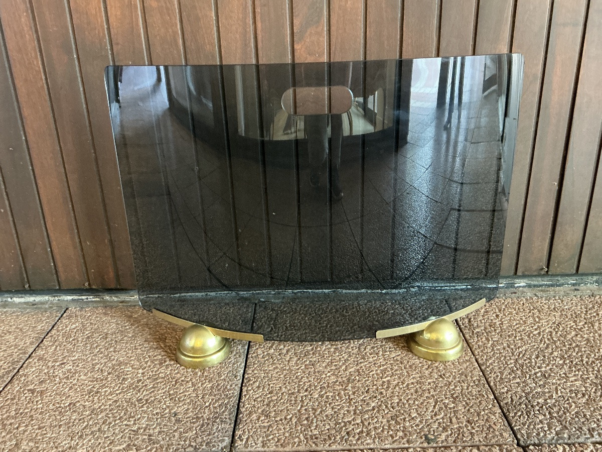 Modernist Curved And Smoked Glass Fire Screen Circa 1970-photo-3