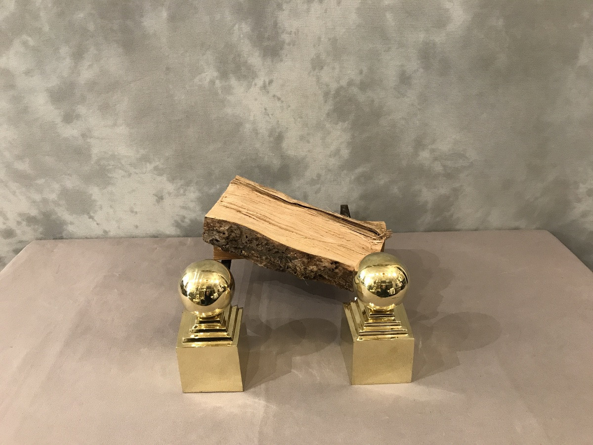 Pair Of 19th Century Brass And Iron Andirons -photo-2