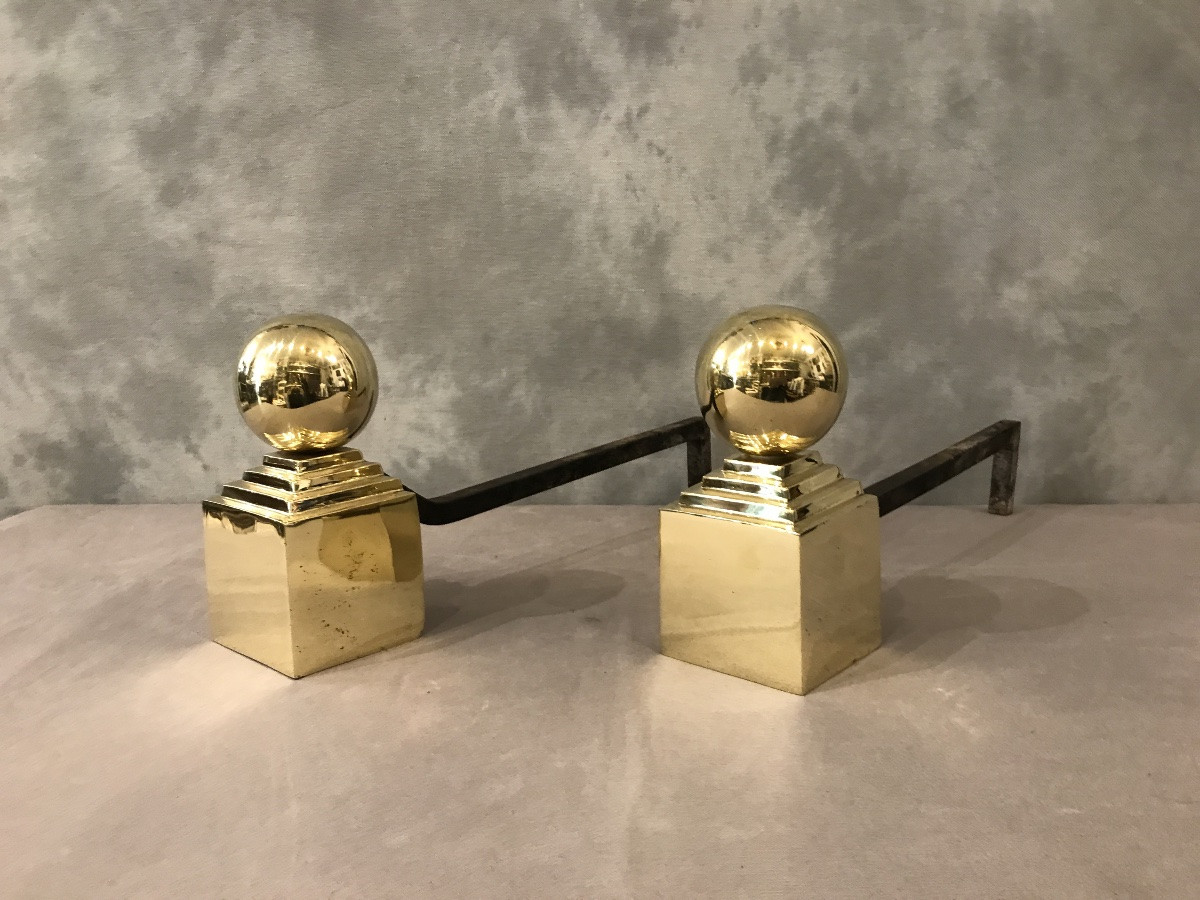 Pair Of 19th Century Brass And Iron Andirons -photo-4