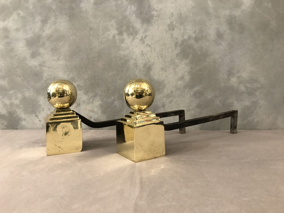 Pair Of 19th Century Brass And Iron Andirons -photo-1