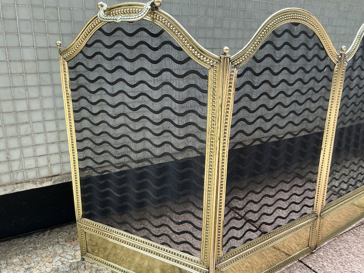 Large pare feu de cheminée ancien en laiton d’époque 19 ème de style Louis XVI -photo-3