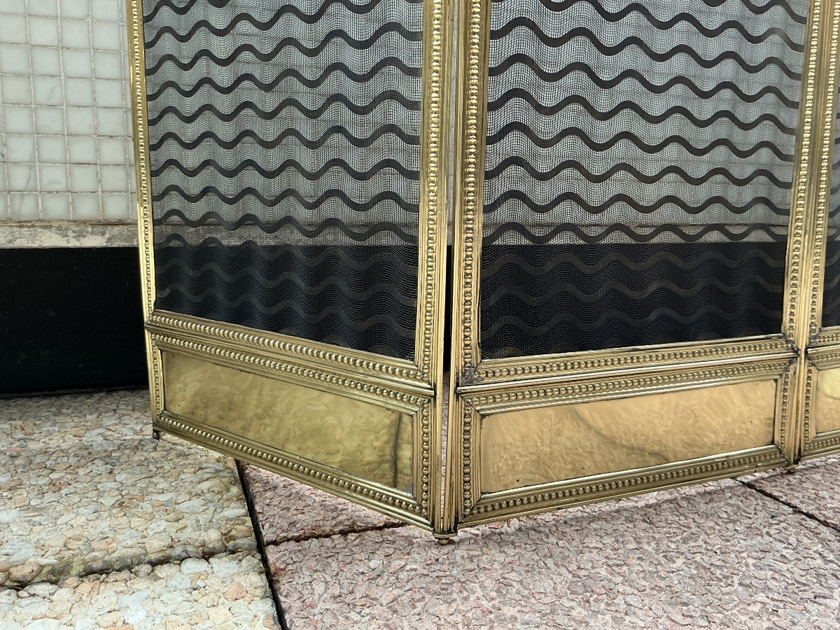 Large pare feu de cheminée ancien en laiton d’époque 19 ème de style Louis XVI -photo-4