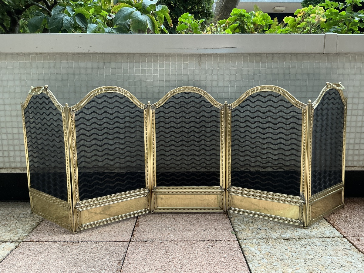 Large pare feu de cheminée ancien en laiton d’époque 19 ème de style Louis XVI -photo-1