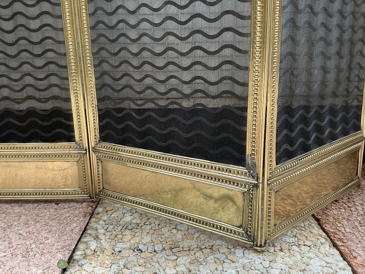 Large pare feu de cheminée ancien en laiton d’époque 19 ème de style Louis XVI -photo-3