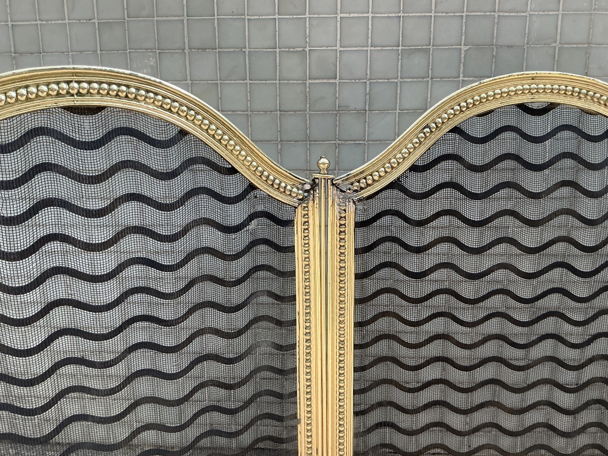 Large pare feu de cheminée ancien en laiton d’époque 19 ème de style Louis XVI -photo-4