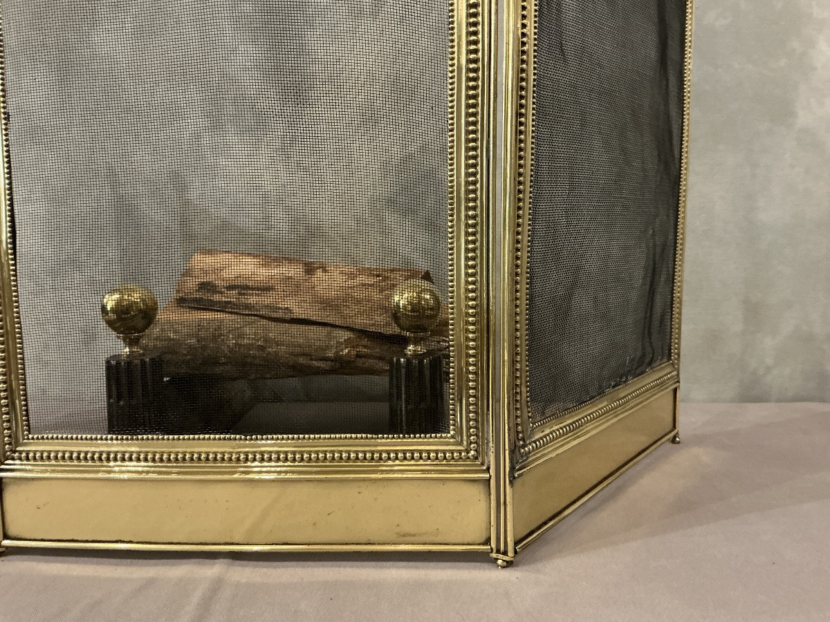 Pare feu de cheminée ancien en laiton de style Louis XVI d’époque 19 ème -photo-2