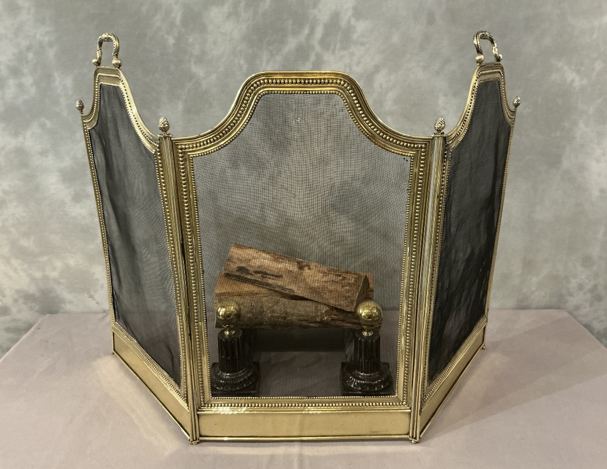 Pare feu de cheminée ancien en laiton de style Louis XVI d’époque 19 ème -photo-2