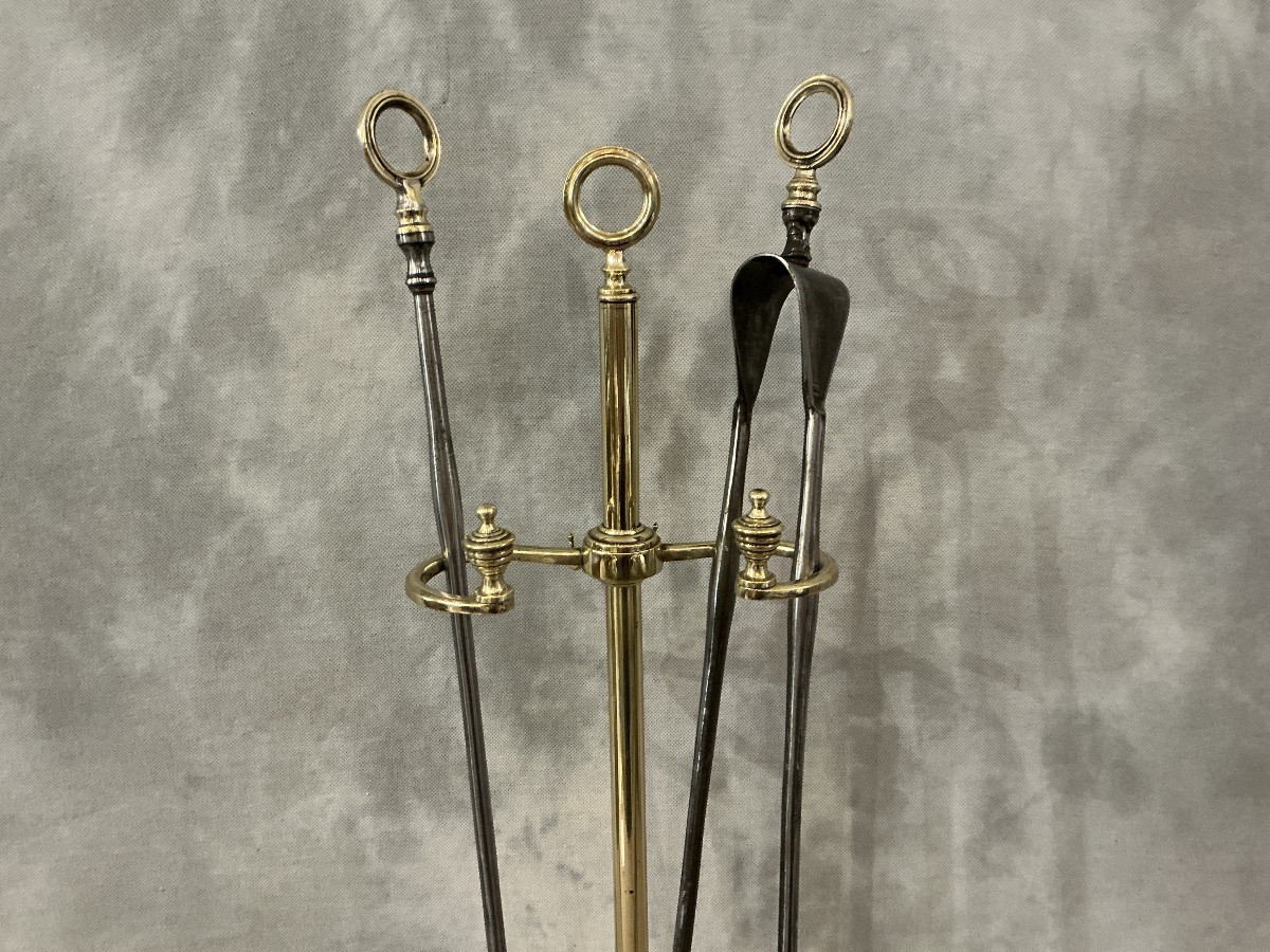 Antique 19th-century Charles X Period Brass And Iron Fireplace Set -photo-2