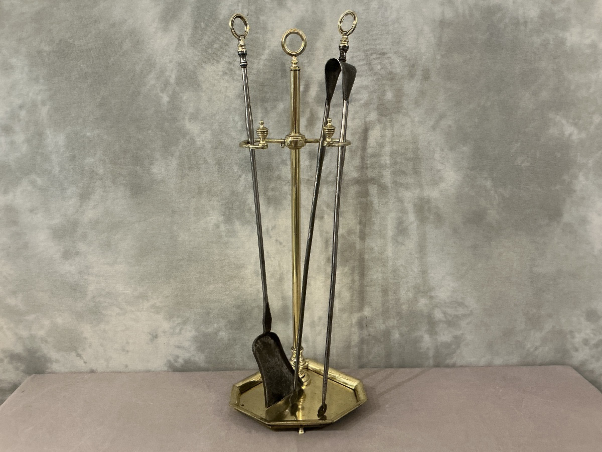 Antique 19th-century Charles X Period Brass And Iron Fireplace Set 