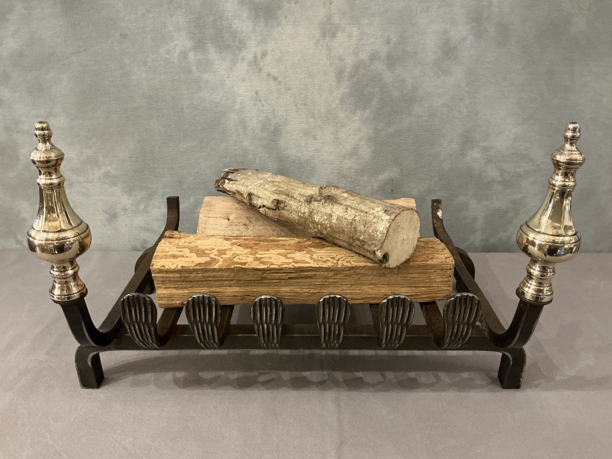 Grille de cheminée en fer et toupies de laiton d’époque 19 ème -photo-2