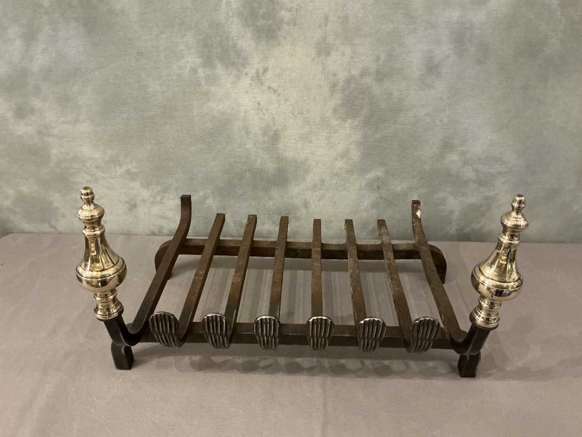 Grille de cheminée en fer et toupies de laiton d’époque 19 ème -photo-3