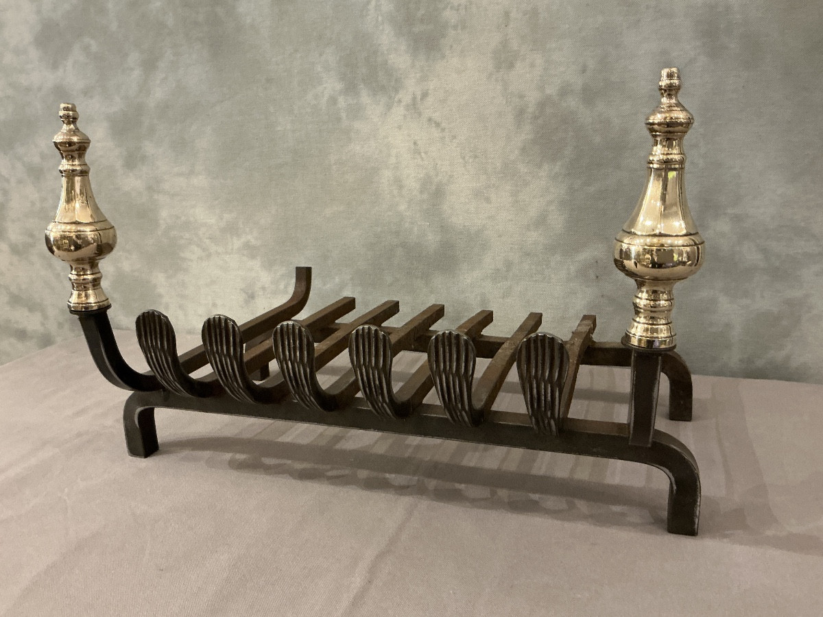 Grille de cheminée en fer et toupies de laiton d’époque 19 ème -photo-4