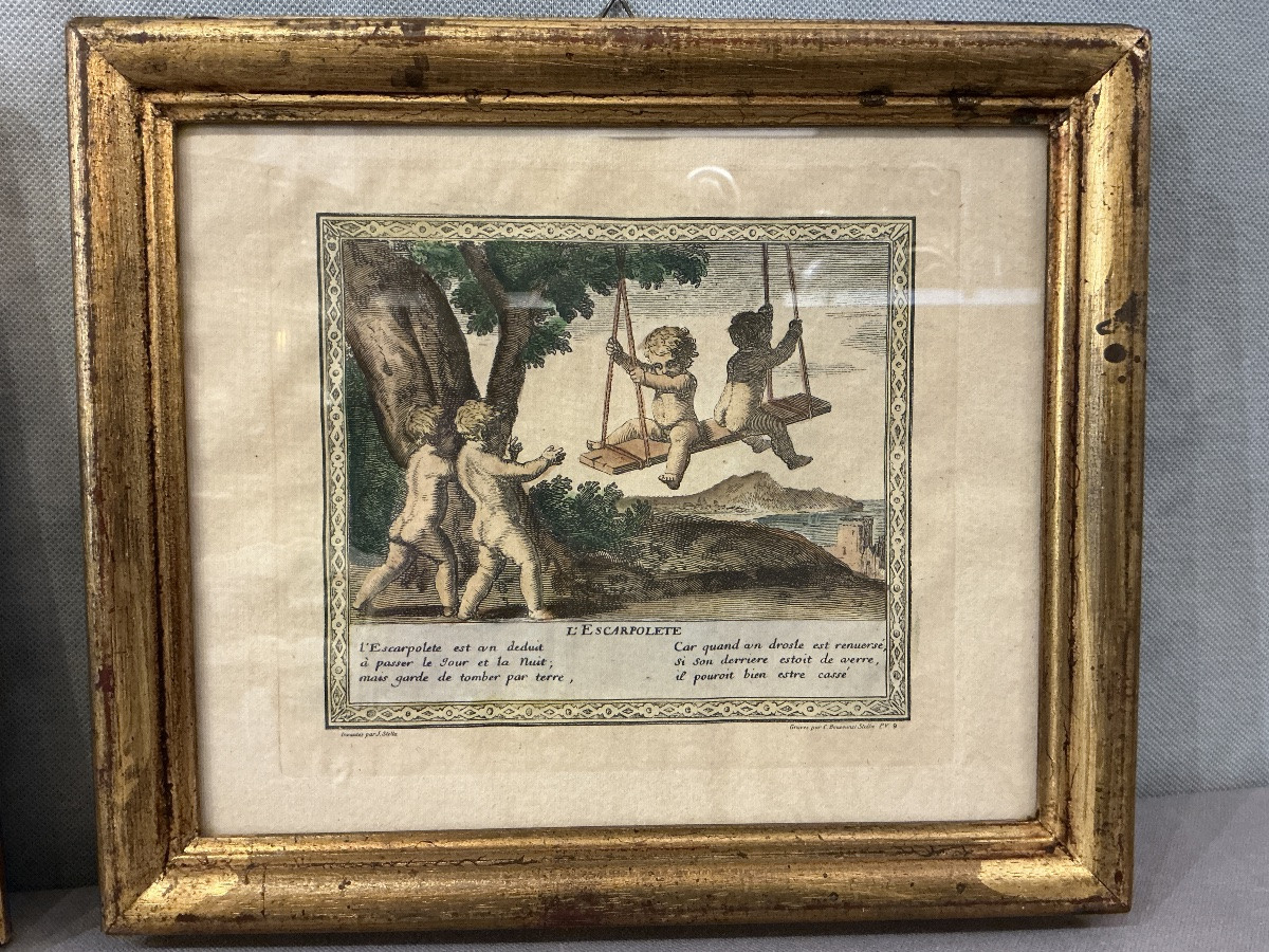 Paire de gravures d’époque 18 ème encadré de bois doré -photo-3