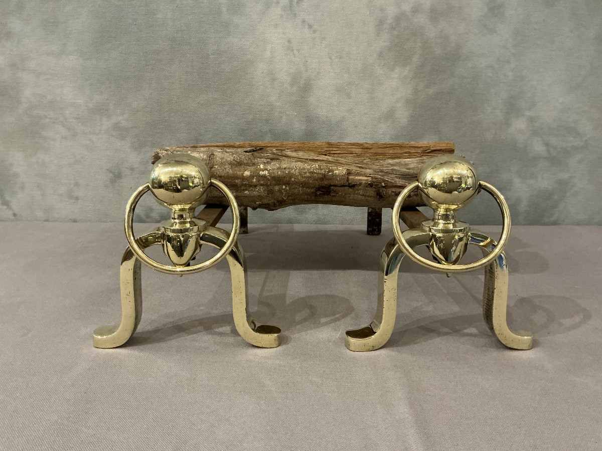 Paire de chenets anciens en laiton vers 1970 