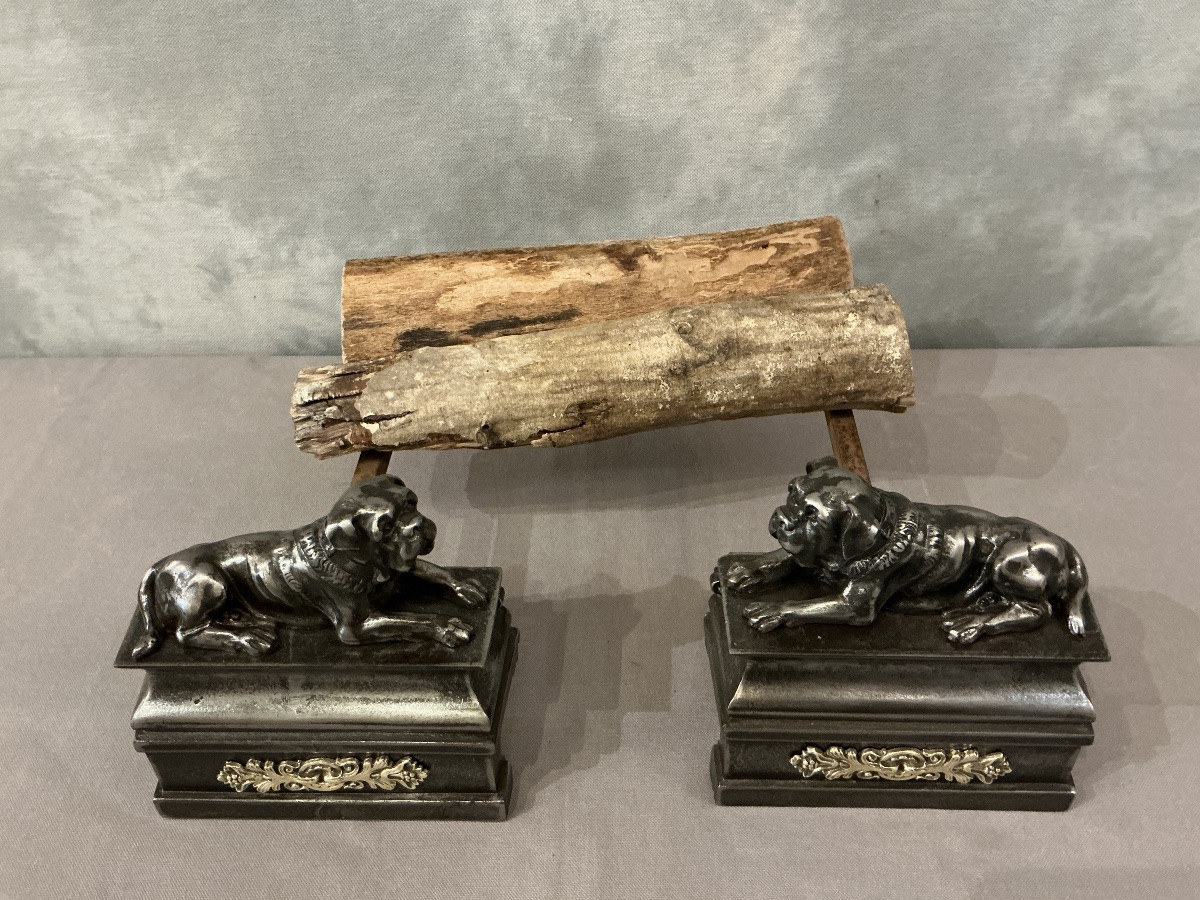 Pair Of Antique Cast Iron Dog-decorated Andirons From The 19th Century -photo-3