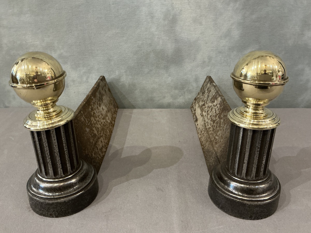  Pair Of Antique Cast Iron And Brass Andirons From The 19th Century -photo-3