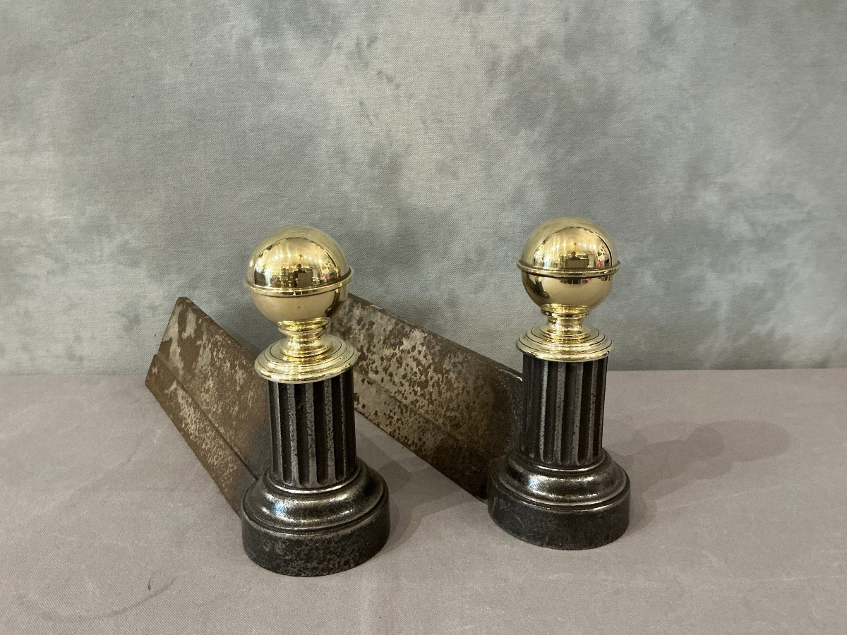  Pair Of Antique Cast Iron And Brass Andirons From The 19th Century -photo-4
