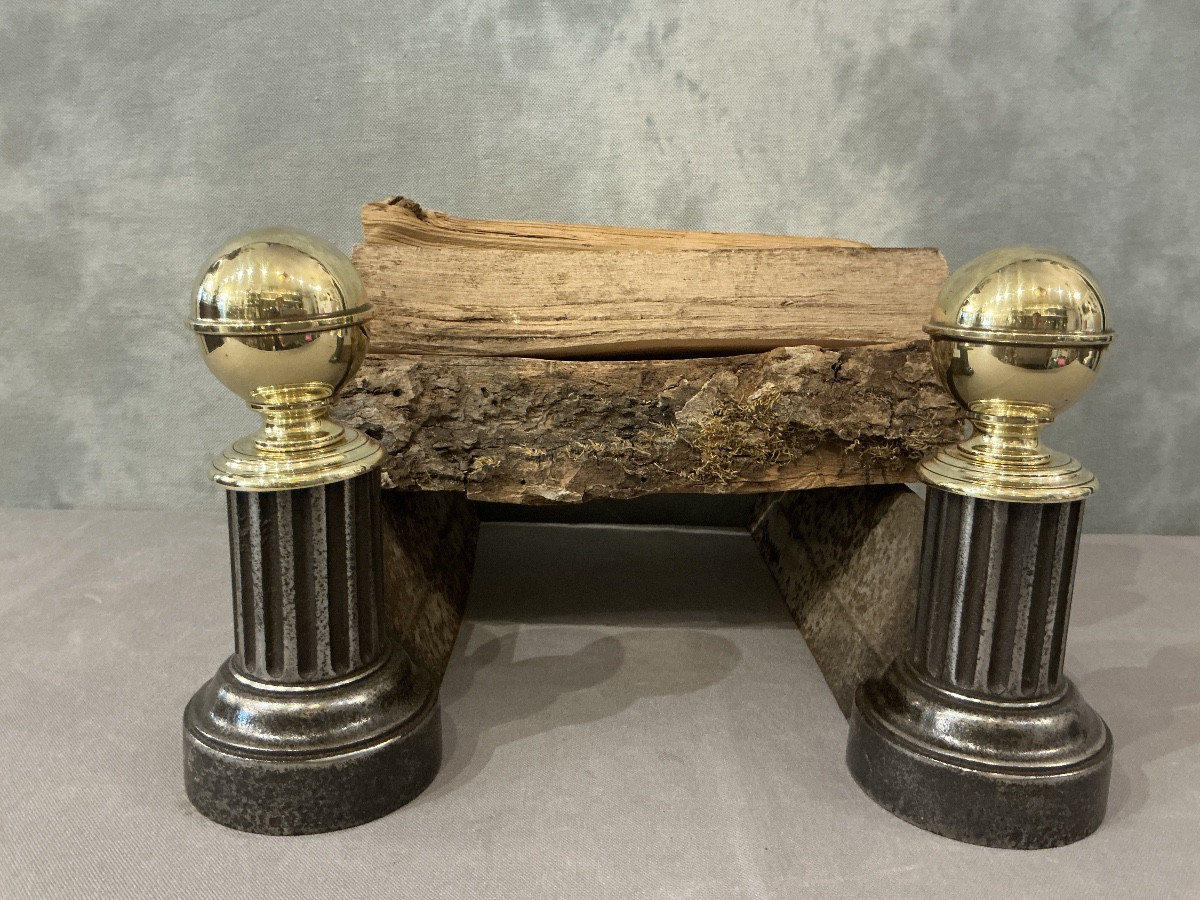  Pair Of Antique Cast Iron And Brass Andirons From The 19th Century 