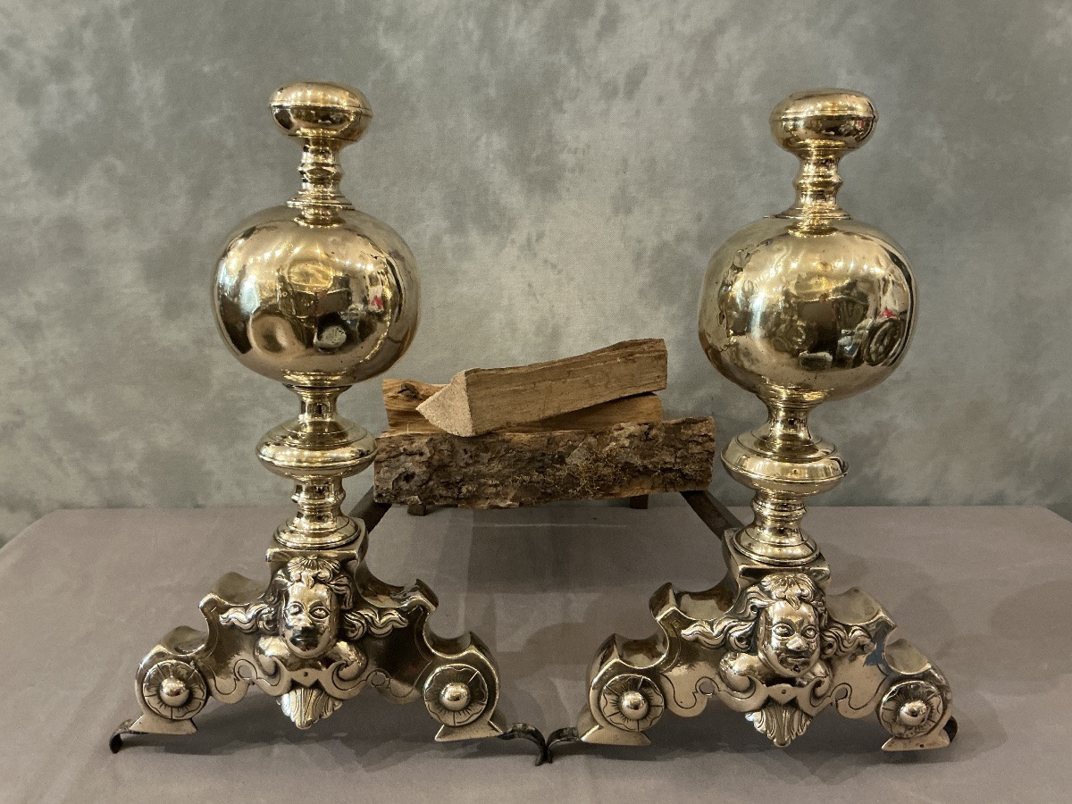Pair Of 17th-century Brass Andirons By Marmousets -photo-2