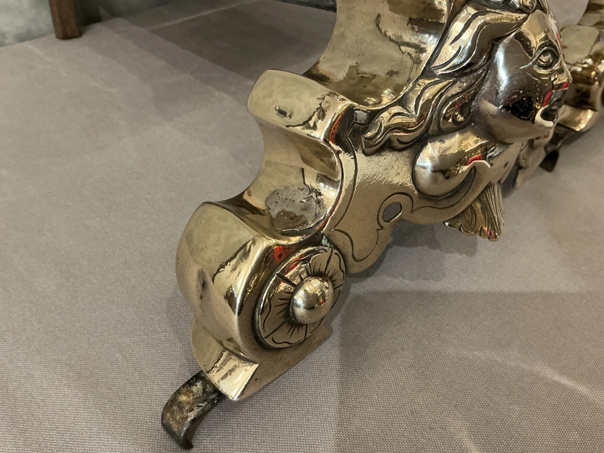 Pair Of 17th-century Brass Andirons By Marmousets -photo-4