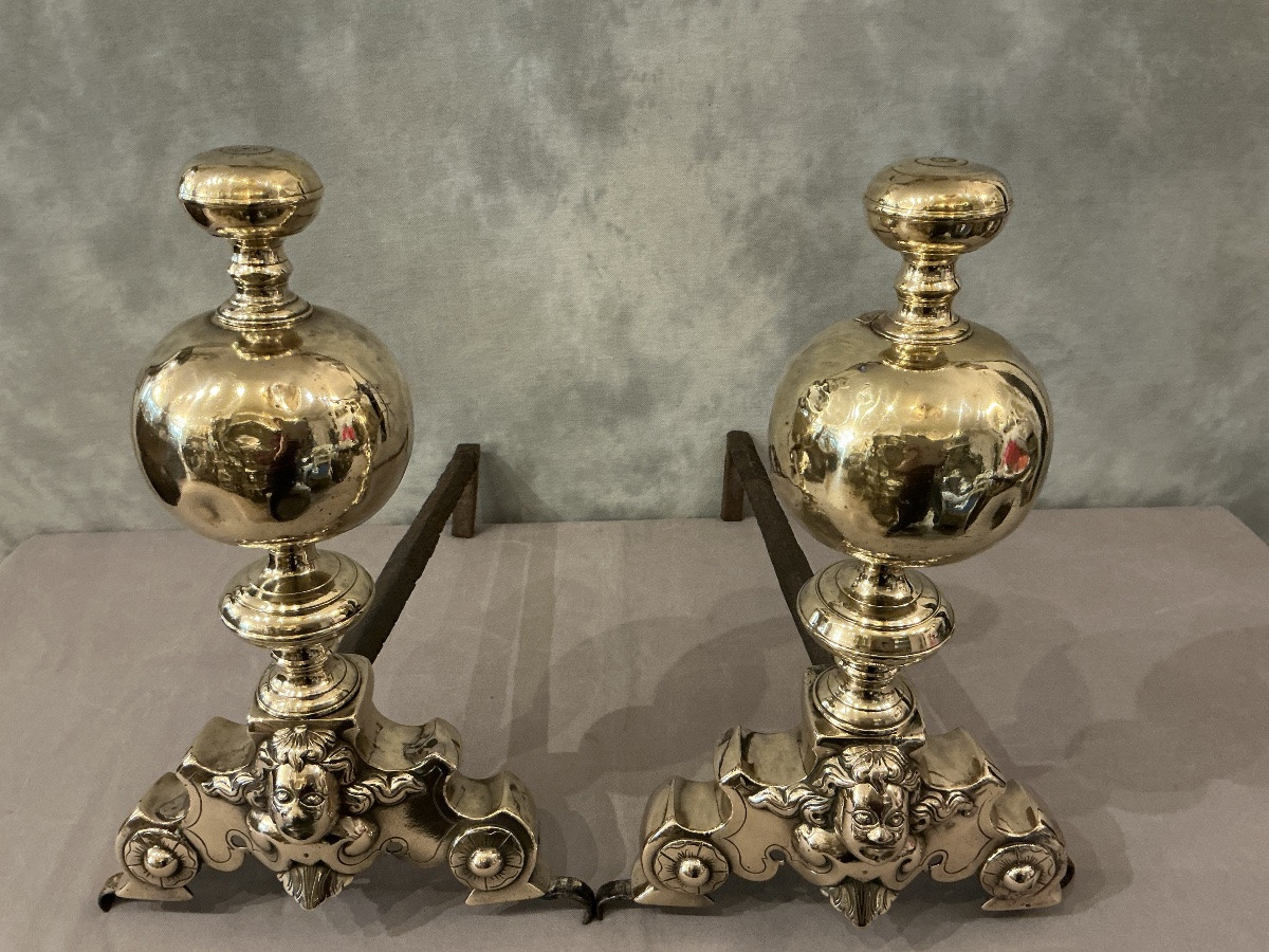 Pair Of 17th-century Brass Andirons By Marmousets -photo-1