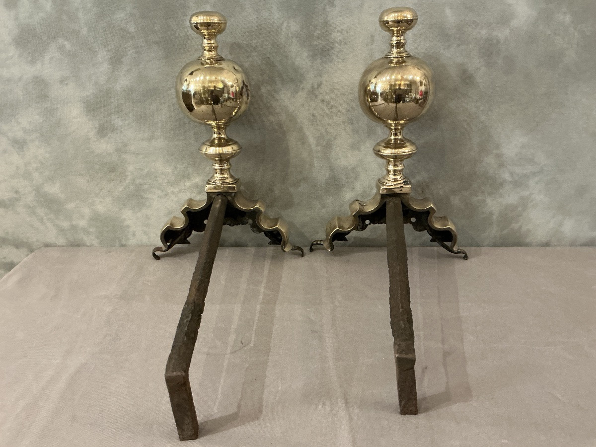 Pair Of 17th-century Brass Andirons By Marmousets -photo-5