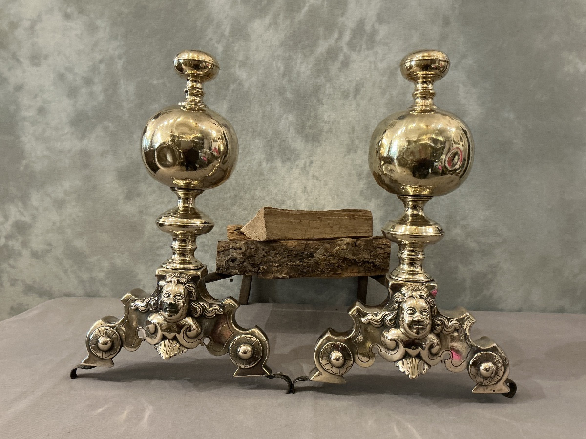 Pair Of 17th-century Brass Andirons By Marmousets 