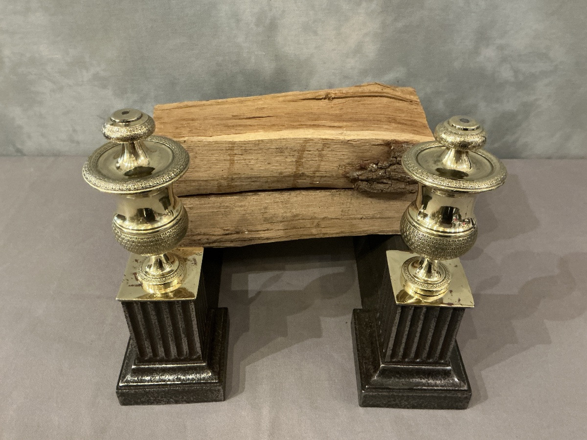 Pair Of Antique Cast Iron And Brass Andirons From The 19th Century -photo-3