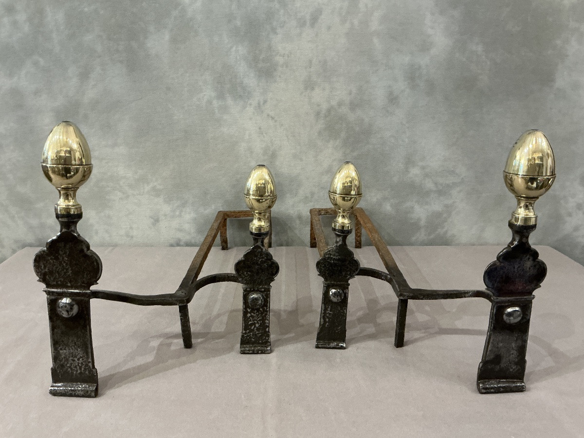 Paire de chenets d’époque 18 ème à doubles ferrures et boule de laiton -photo-2