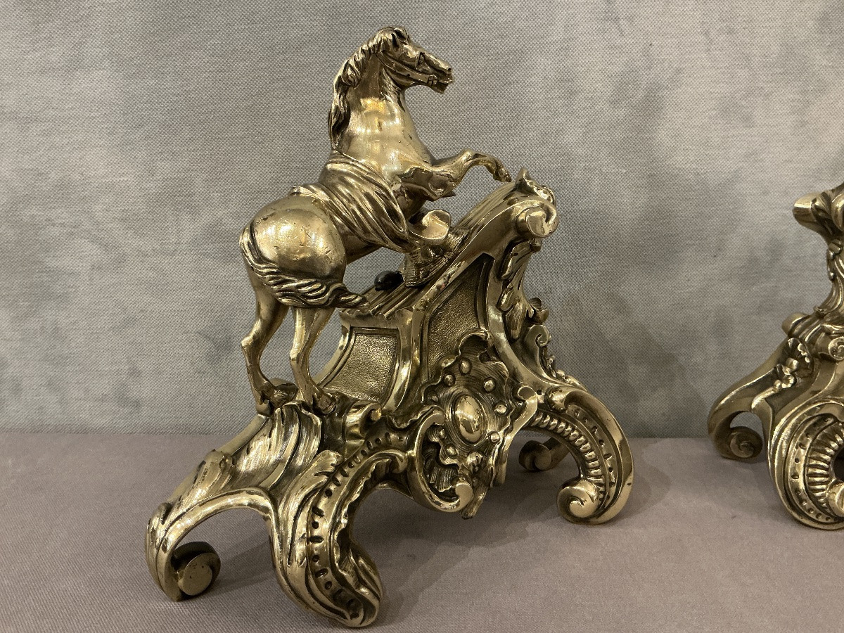 Pair Of Antique Bronze Andirons Decorated With Horses, Dating From The 19th Century -photo-1