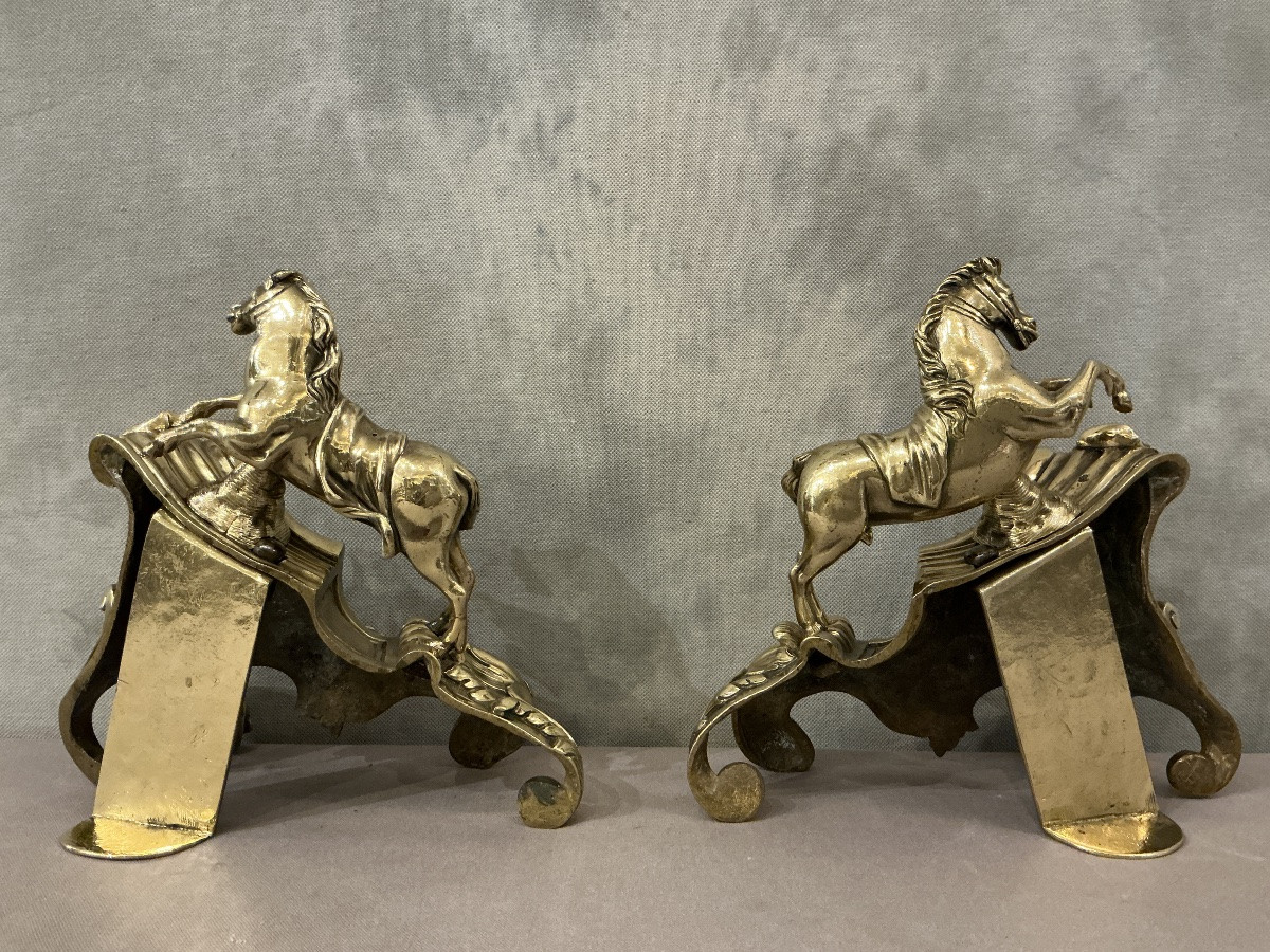 Pair Of Antique Bronze Andirons Decorated With Horses, Dating From The 19th Century -photo-2