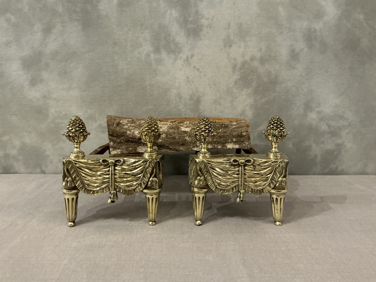 Paire de petits chenets en bronze et laiton d’époque 18 ème Louis XVI 