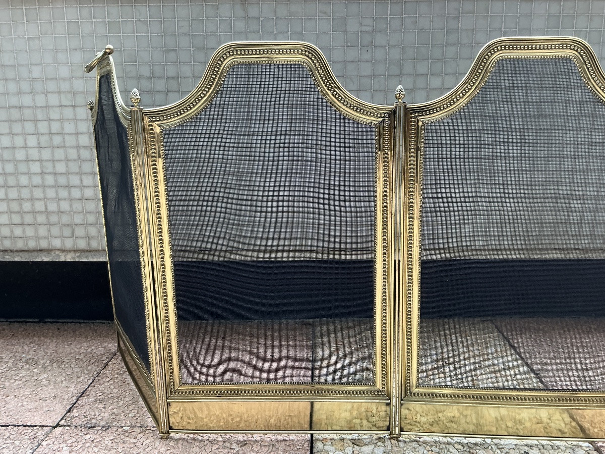 Large pare feu de cheminée ancien en laiton d’époque 19 ème de style Louis XVI -photo-2