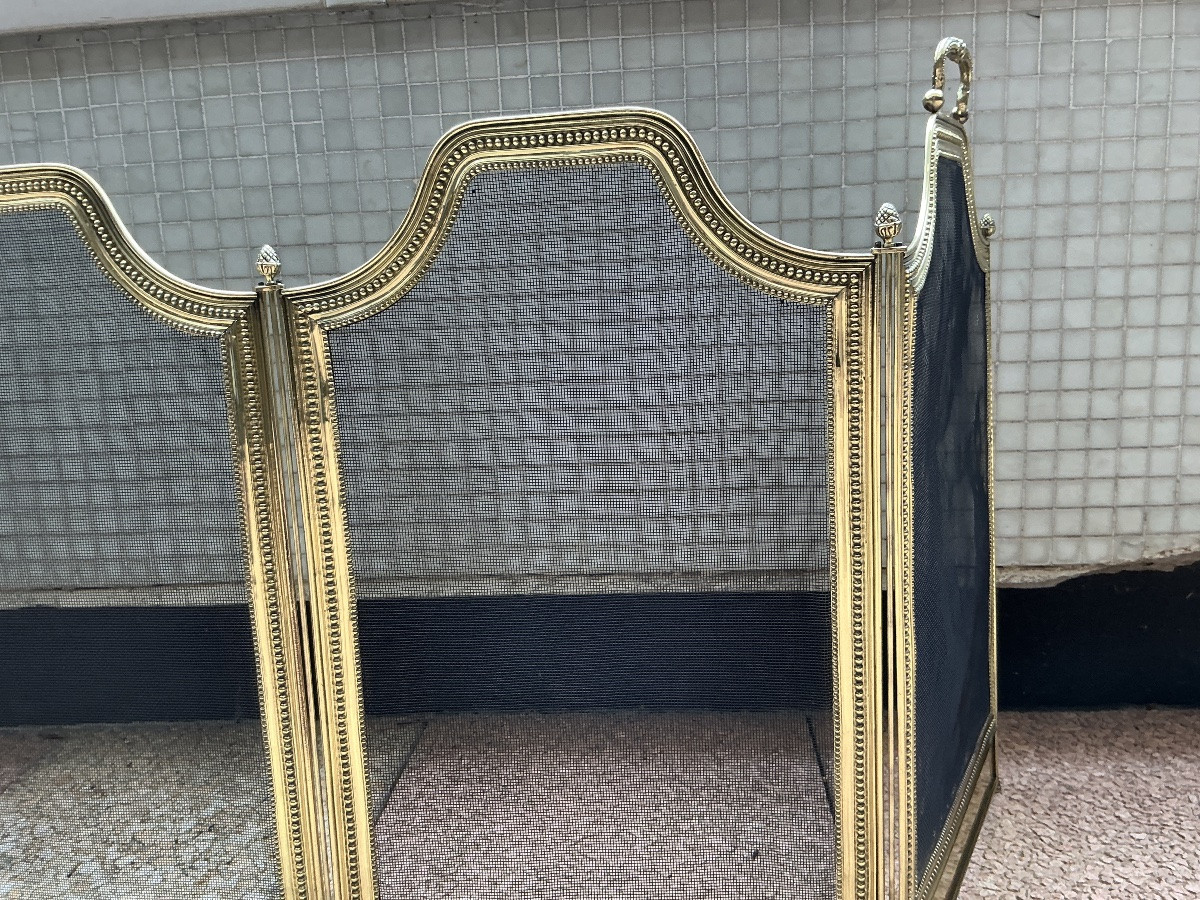 Large pare feu de cheminée ancien en laiton d’époque 19 ème de style Louis XVI -photo-3