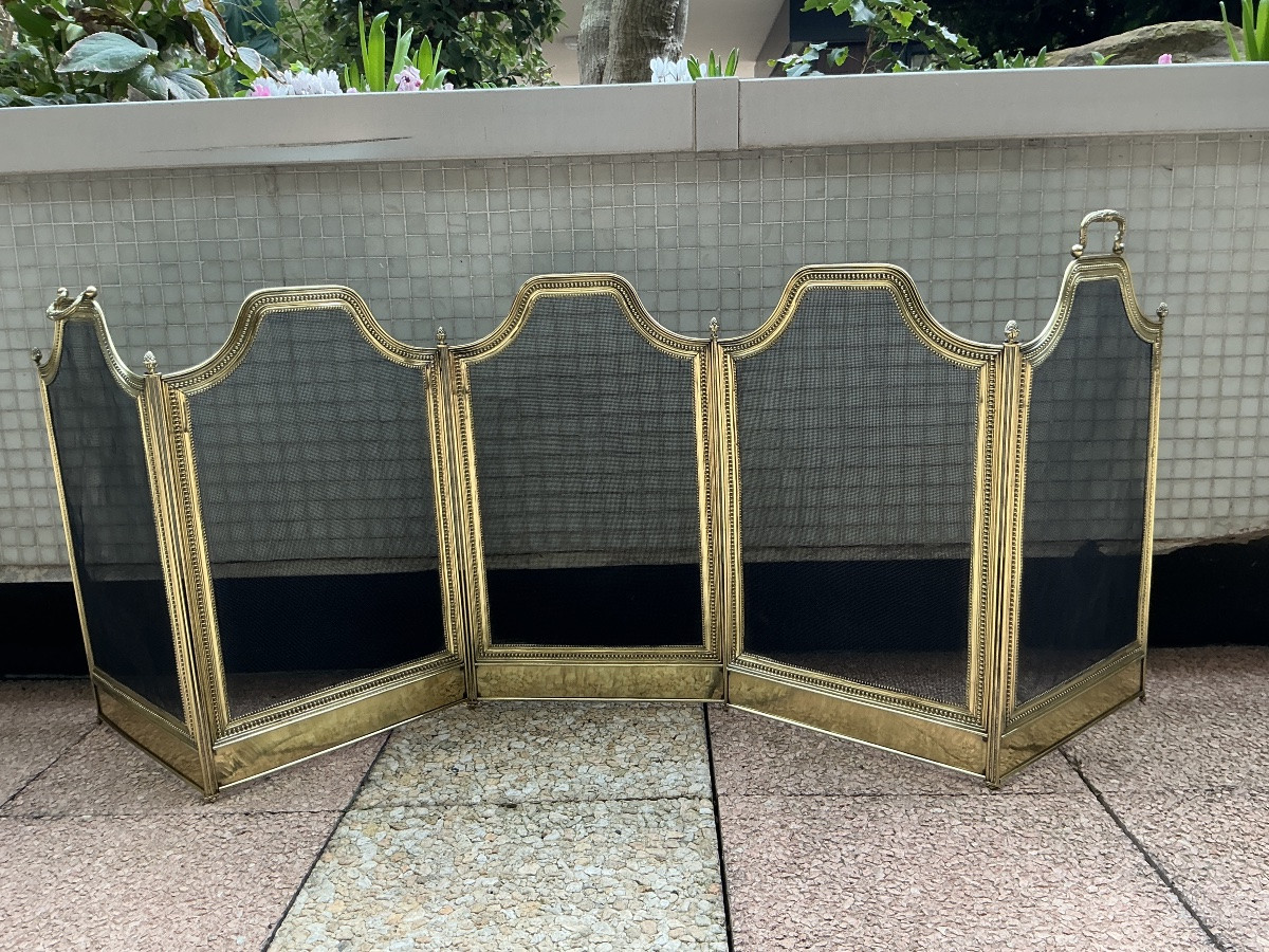 Large pare feu de cheminée ancien en laiton d’époque 19 ème de style Louis XVI -photo-4