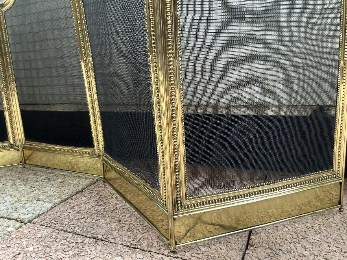 Large pare feu de cheminée ancien en laiton d’époque 19 ème de style Louis XVI -photo-2