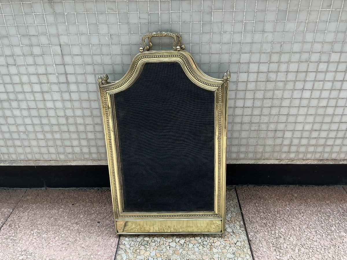 Large pare feu de cheminée ancien en laiton d’époque 19 ème de style Louis XVI -photo-3