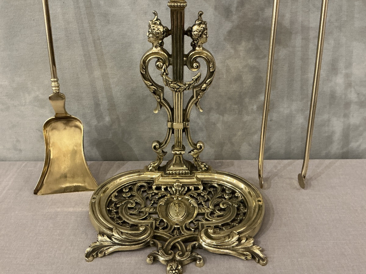 Complete Antique Bronze Fireplace Set From The 19th Century -photo-4